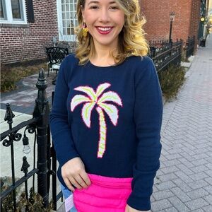 Lulu B 100% cotton navy blue crewneck sweater, palm motif. Like New. Size Medium